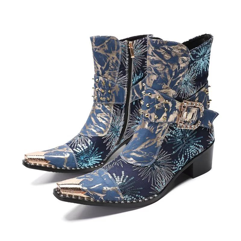 Botas Masculinas Com Rebite E Salto Alto - Azul