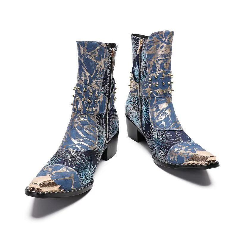 Botas Masculinas Com Rebite E Salto Alto - Azul