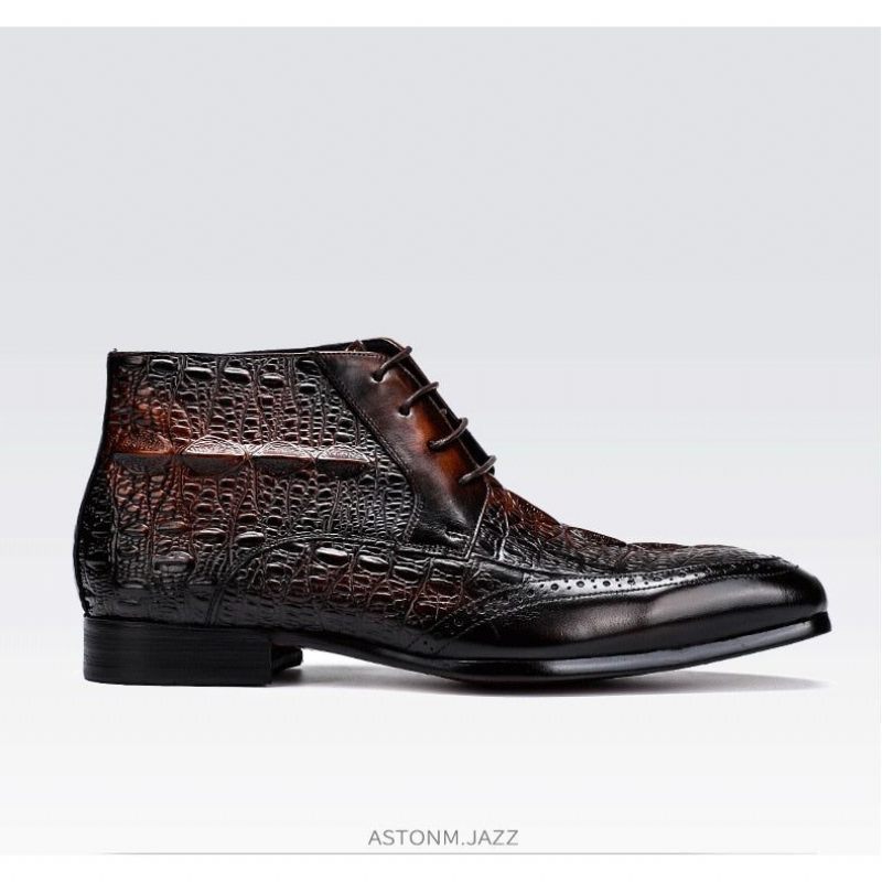 Botas Masculinas Com Textura Crocodilo E Tornozelo Cadarço Brogue - Café