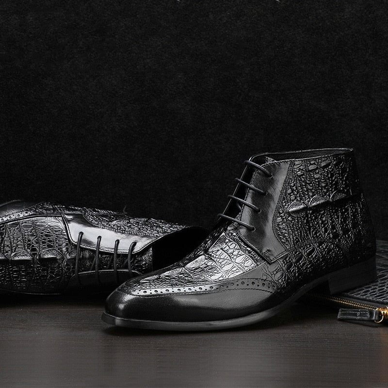 Botas Masculinas Com Textura Crocodilo E Tornozelo Cadarço Brogue - Preto