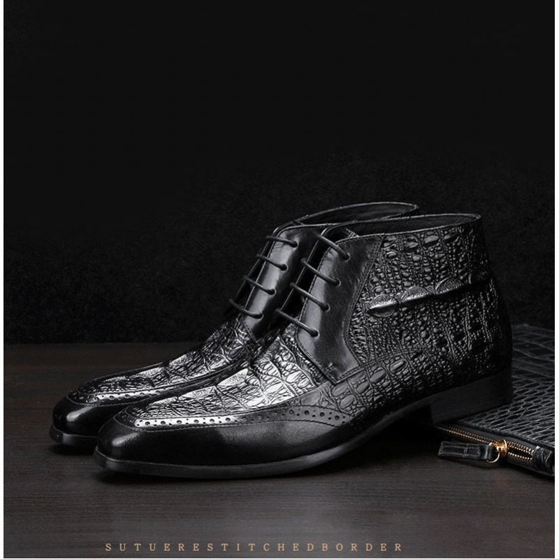 Botas Masculinas Com Textura Crocodilo E Tornozelo Cadarço Brogue - Preto