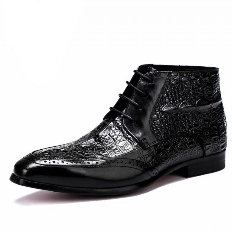 Botas Masculinas Com Textura Crocodilo E Tornozelo Cadarço Brogue - Preto