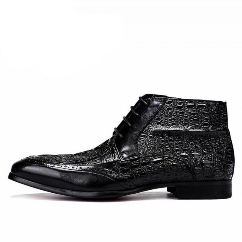 Botas Masculinas Com Textura Crocodilo E Tornozelo Cadarço Brogue - Preto