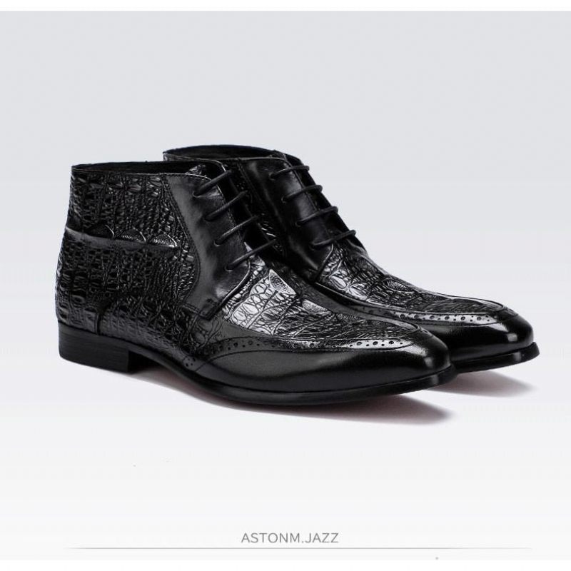 Botas Masculinas Com Textura Crocodilo E Tornozelo Cadarço Brogue - Preto