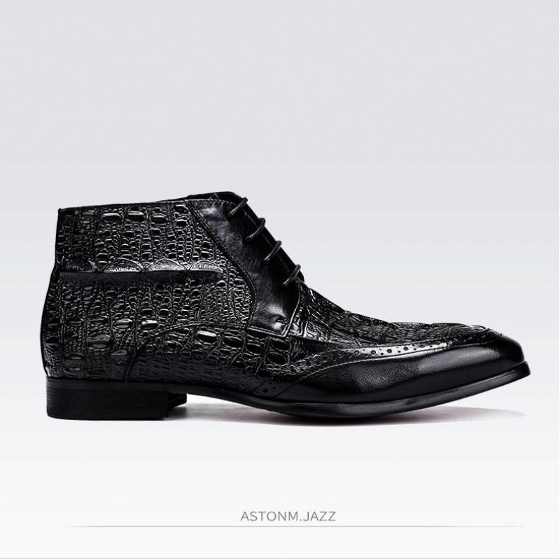 Botas Masculinas Com Textura Crocodilo E Tornozelo Cadarço Brogue - Preto