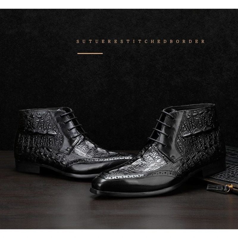 Botas Masculinas Com Textura Crocodilo E Tornozelo Cadarço Brogue - Preto