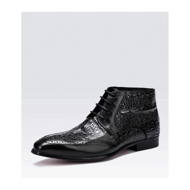 Botas Masculinas Com Textura Crocodilo E Tornozelo Cadarço Brogue - Preto