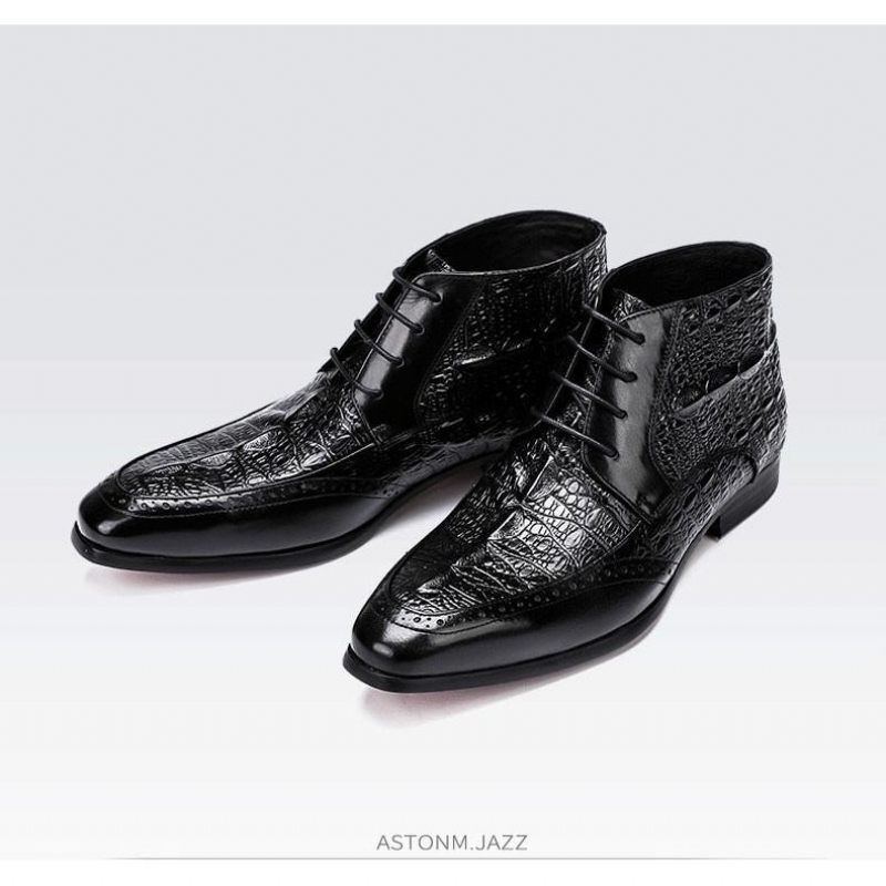 Botas Masculinas Com Textura Crocodilo E Tornozelo Cadarço Brogue - Preto