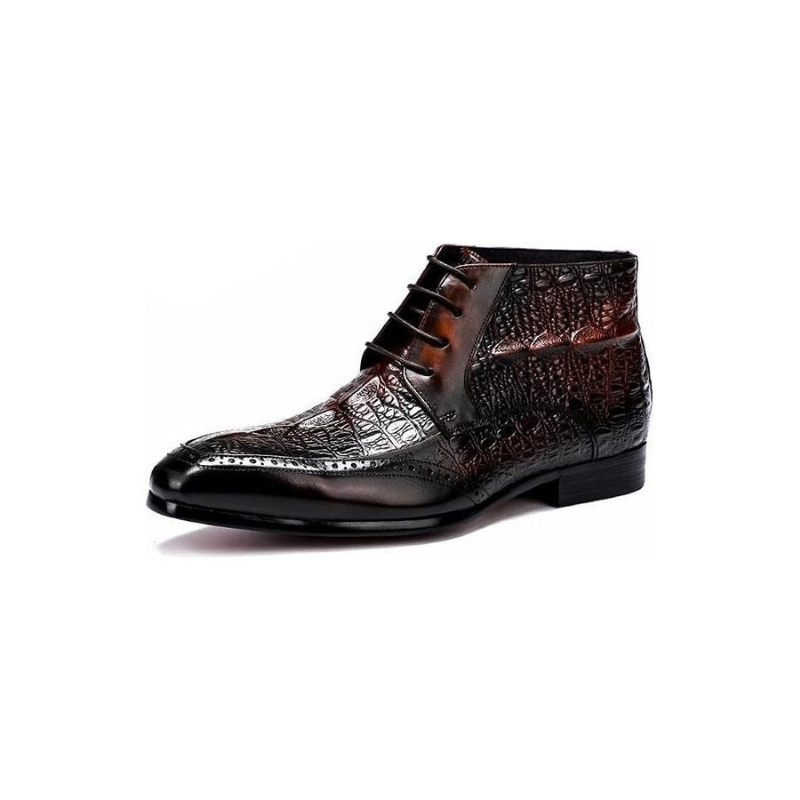 Botas Masculinas Com Textura Crocodilo E Tornozelo Cadarço Brogue - Café