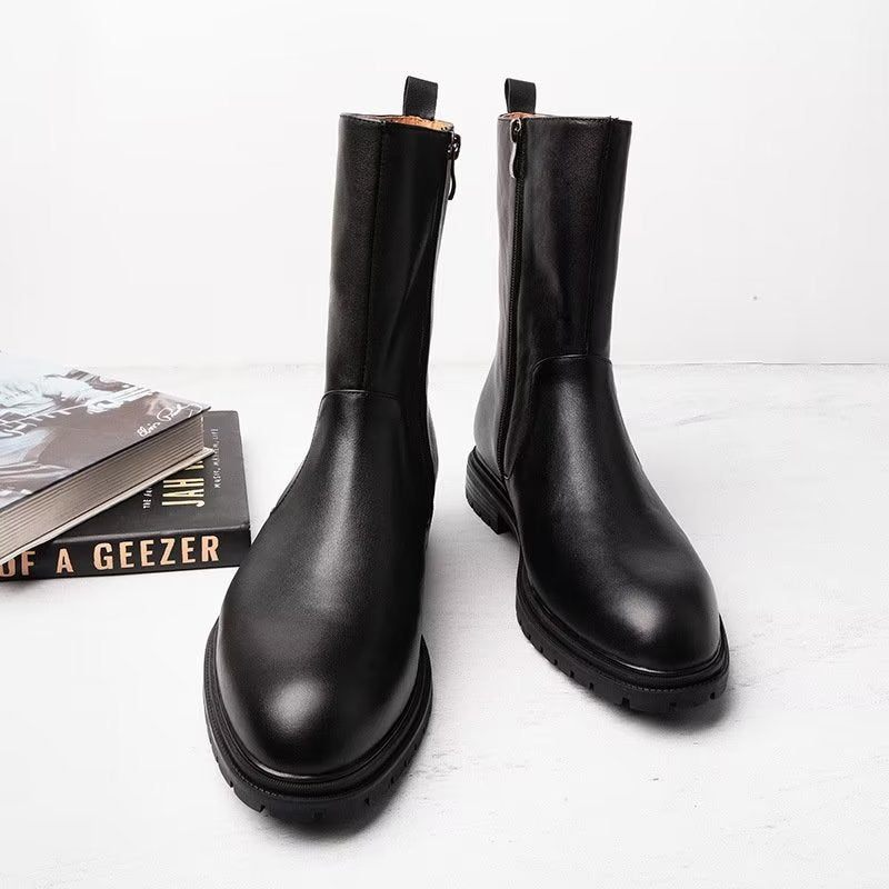 Botas Masculinas Com Zíper Couro Genuíno - Preto