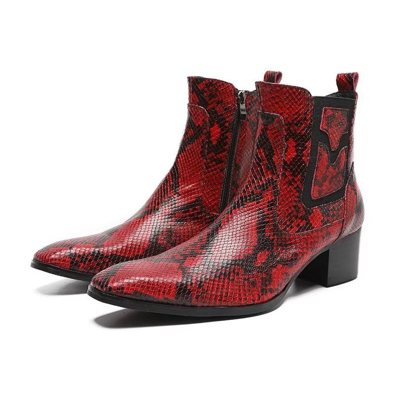 Botas Masculinas Com Zíper Couro Serpente Exótica - Vermelho