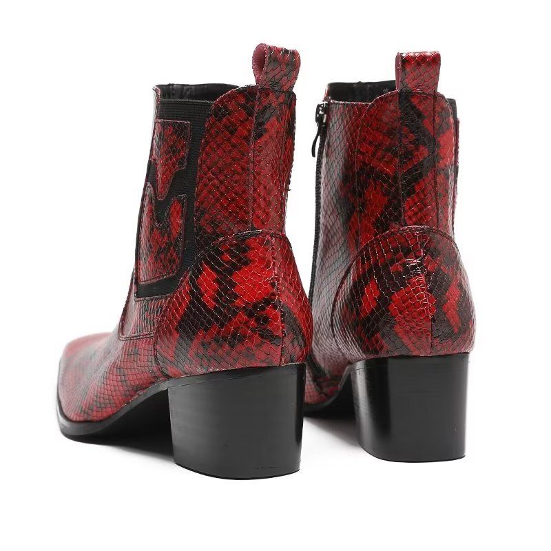 Botas Masculinas Com Zíper Couro Serpente Exótica - Vermelho