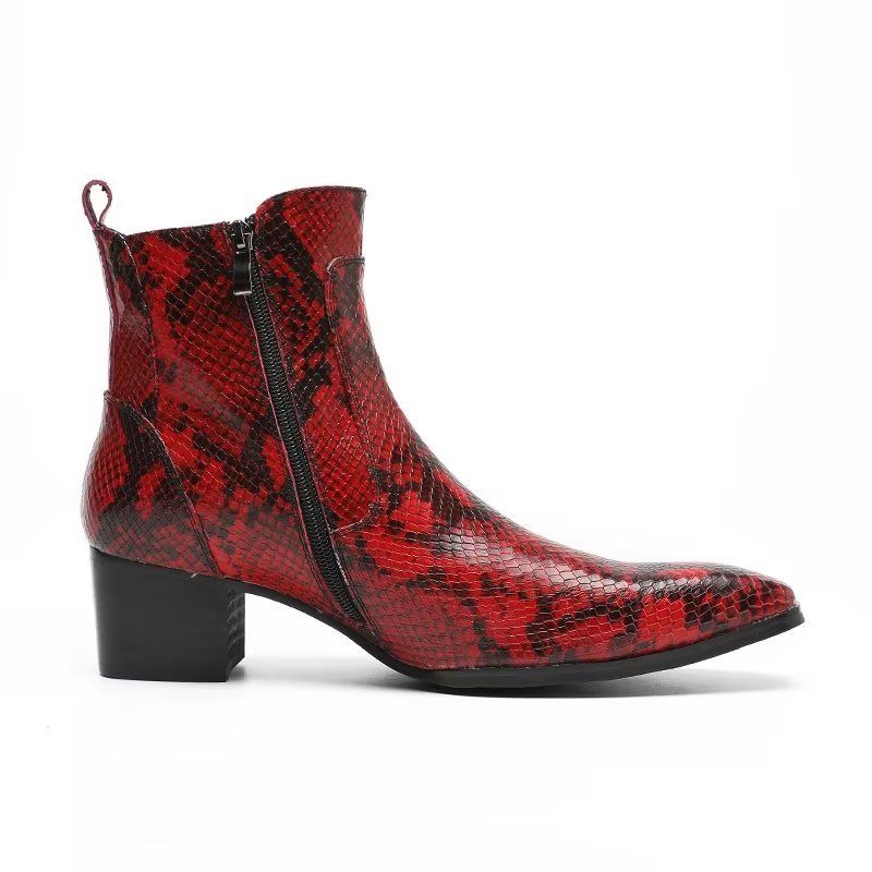 Botas Masculinas Com Zíper Couro Serpente Exótica - Vermelho