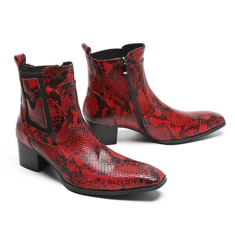 Botas Masculinas Com Zíper Couro Serpente Exótica - Vermelho