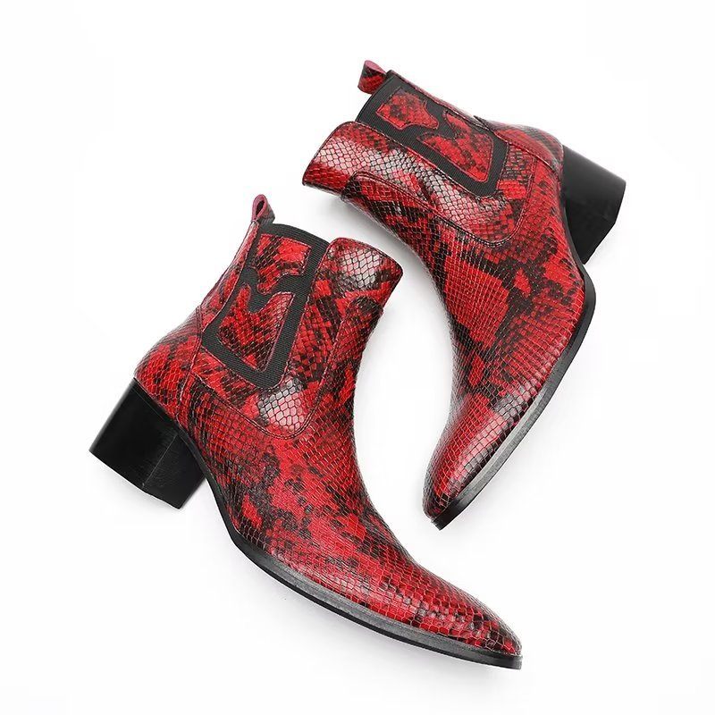 Botas Masculinas Com Zíper Couro Serpente Exótica - Vermelho