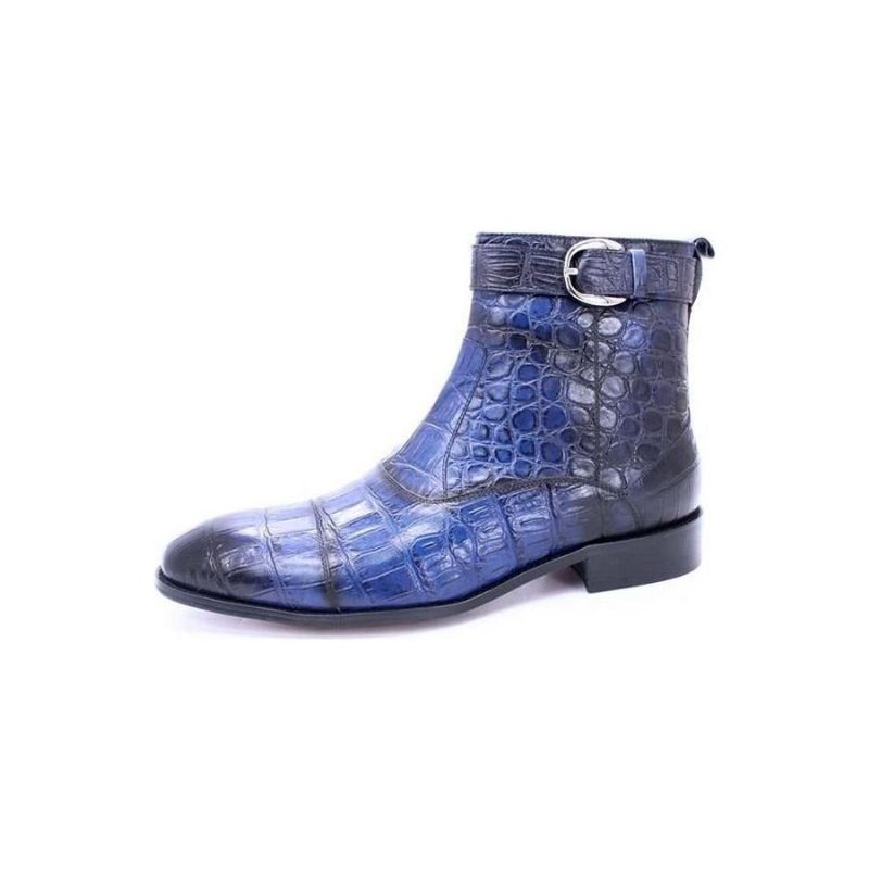 Botas Masculinas Com Zíper E Fivela Bico Fino Couro Bota Tornozelo - Azul