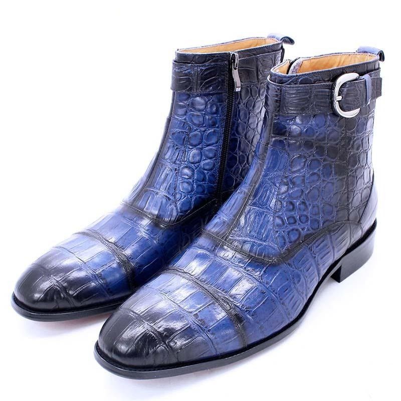 Botas Masculinas Com Zíper E Fivela Bico Fino Couro Bota Tornozelo - Azul