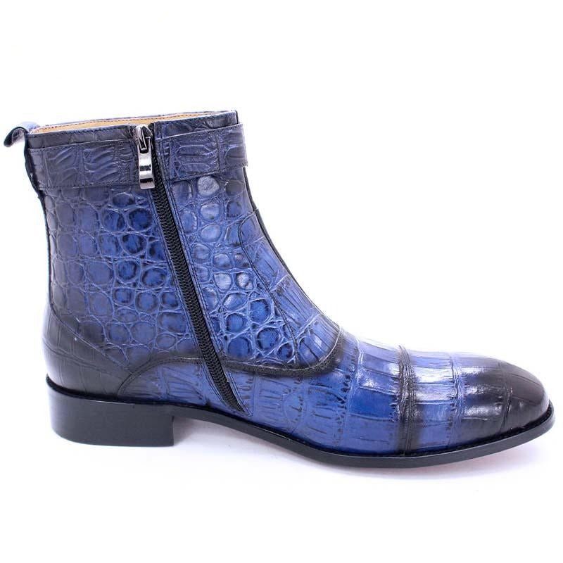 Botas Masculinas Com Zíper E Fivela Bico Fino Couro Bota Tornozelo - Azul