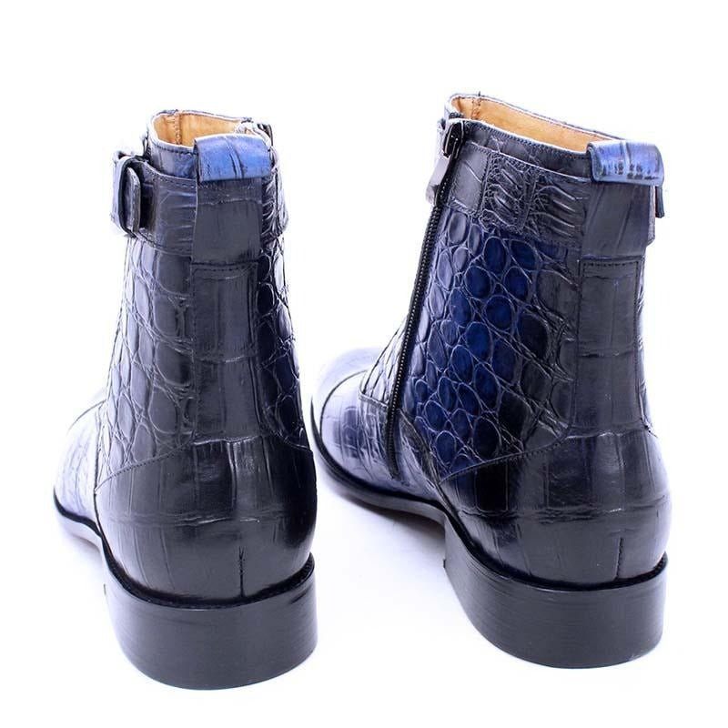 Botas Masculinas Com Zíper E Fivela Bico Fino Couro Bota Tornozelo - Azul