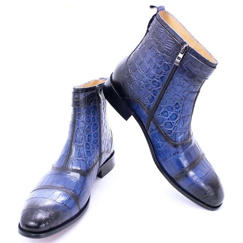 Botas Masculinas Com Zíper E Fivela Bico Fino Couro Bota Tornozelo - Azul