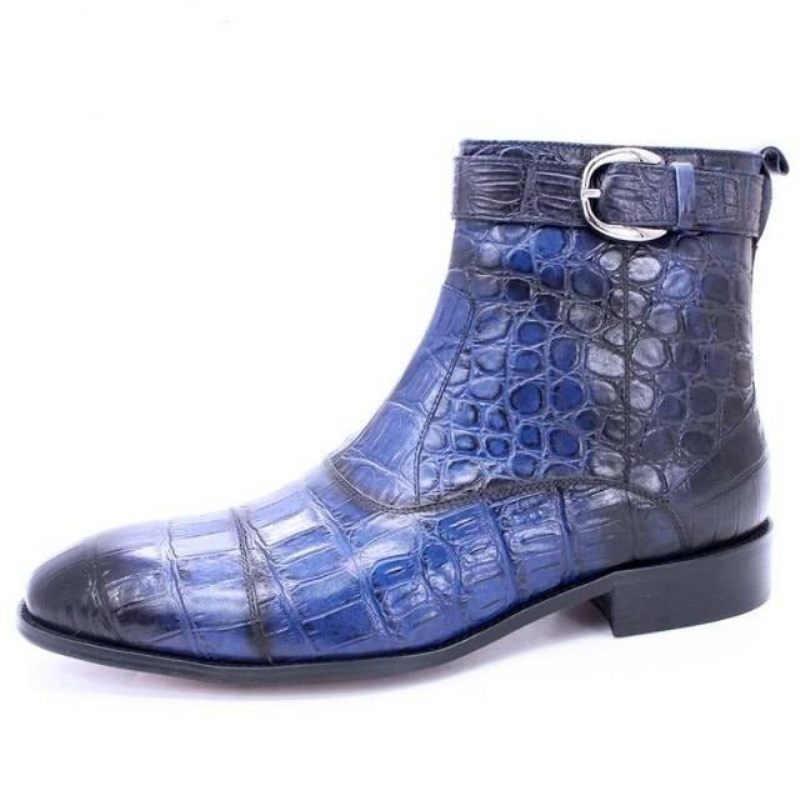 Botas Masculinas Com Zíper E Fivela Bico Fino Couro Bota Tornozelo - Azul