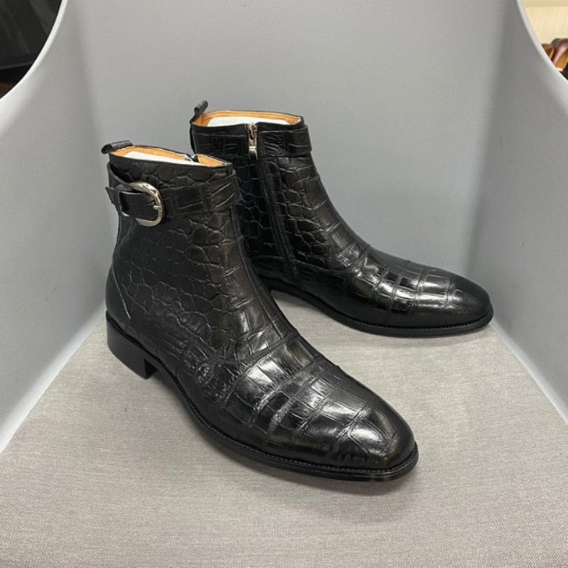 Botas Masculinas Com Zíper E Fivela Bico Fino Couro Bota Tornozelo - Preto