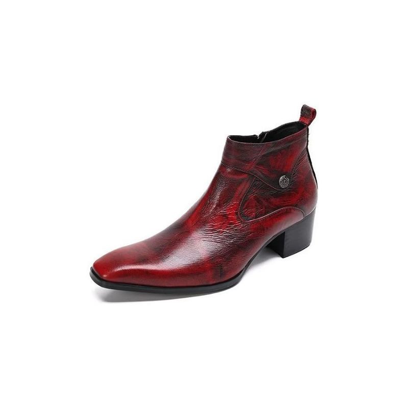 Botas Masculinas Couro Chique Com Bico Quadrado - Vermelho