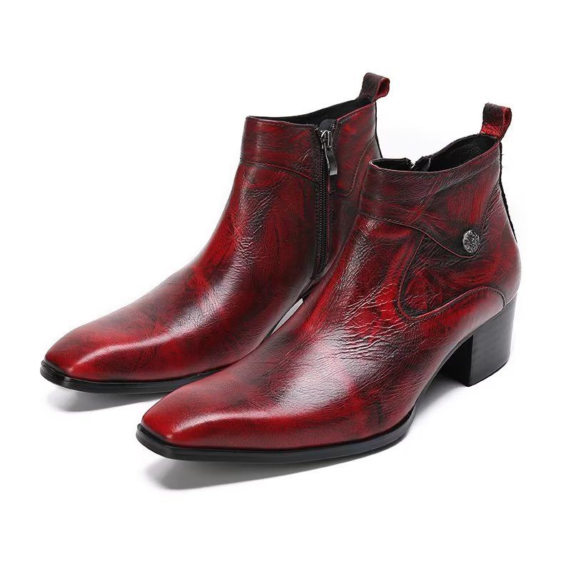 Botas Masculinas Couro Chique Com Bico Quadrado - Vermelho