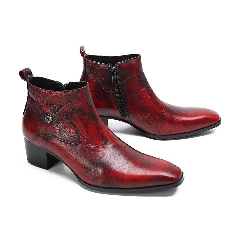 Botas Masculinas Couro Chique Com Bico Quadrado - Vermelho