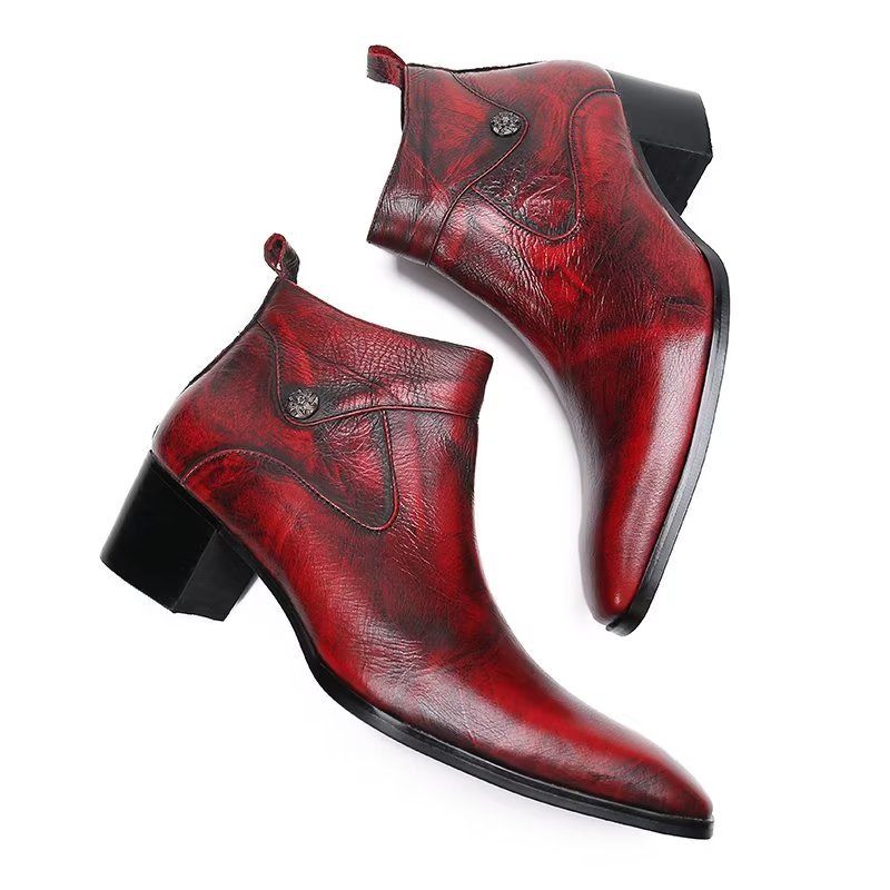 Botas Masculinas Couro Chique Com Bico Quadrado - Vermelho