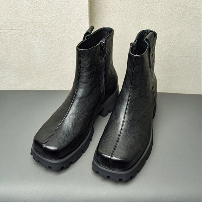 Botas Masculinas Couro Com Bico Redondo - Preto