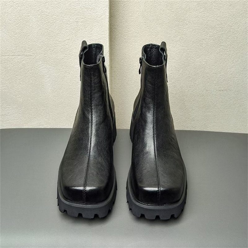 Botas Masculinas Couro Com Bico Redondo - Preto