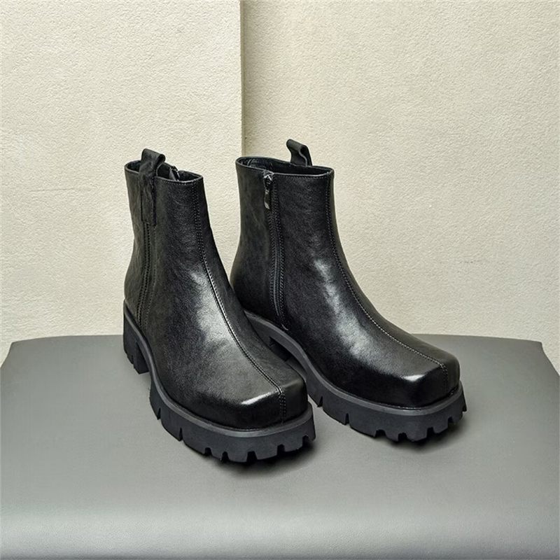 Botas Masculinas Couro Com Bico Redondo - Preto