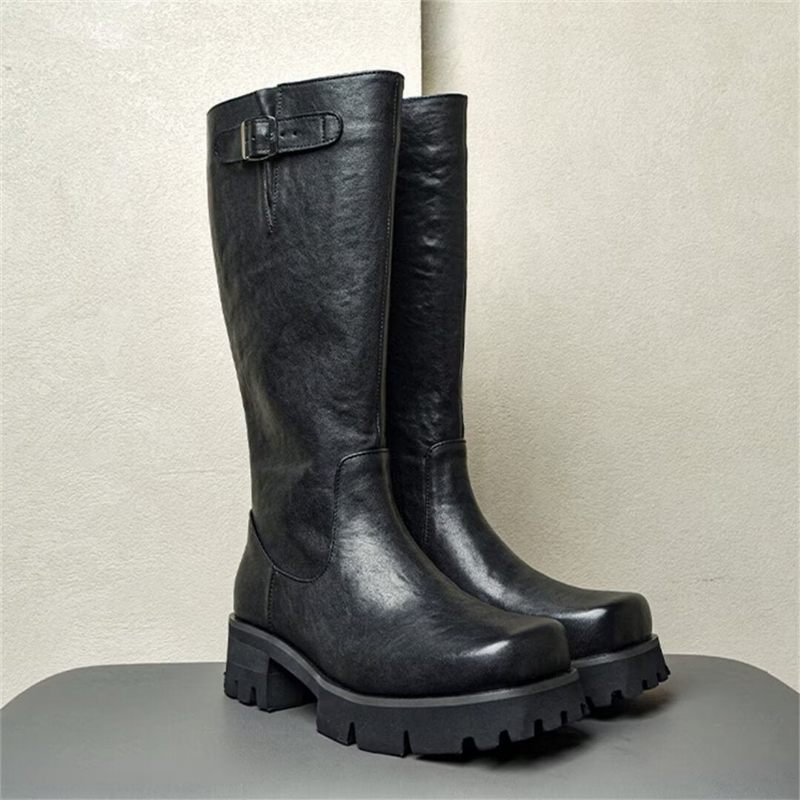 Botas Masculinas Couro Com Bico Redondo - Preto