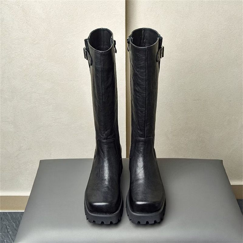 Botas Masculinas Couro Com Bico Redondo - Preto