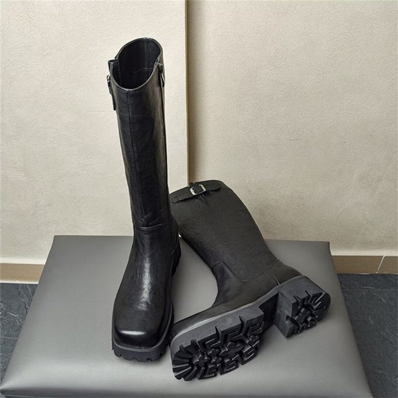 Botas Masculinas Couro Com Bico Redondo - Preto