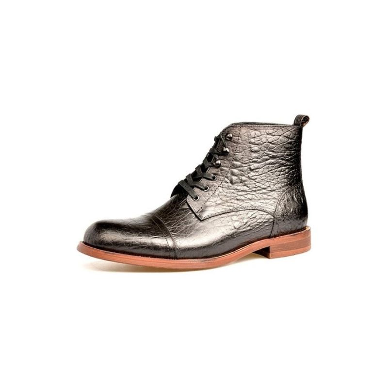 Botas Masculinas Couro Com Cadarço Plano - Preto