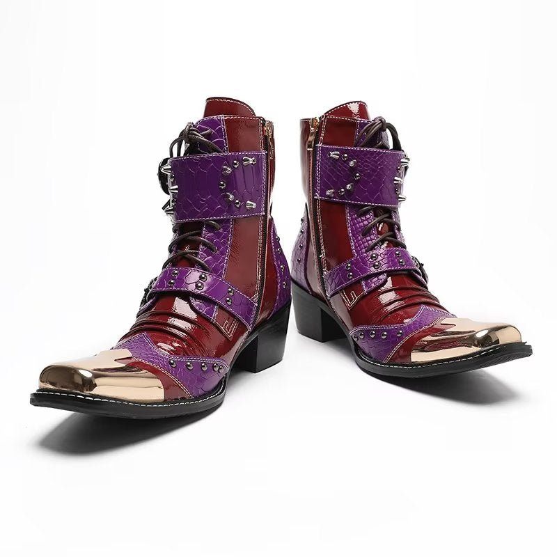 Botas Masculinas Couro Com Textura Crocodilo Luxo - Roxo