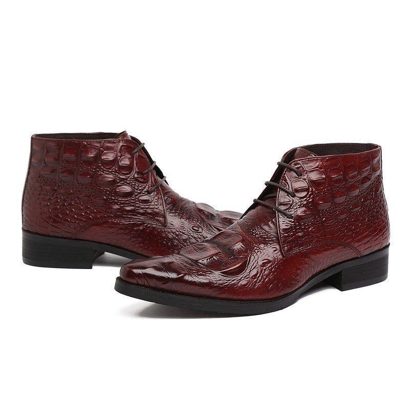 Botas Masculinas Couro Crocodilo Exótico Bico Fino Desert Ankle Boots - Vermelho