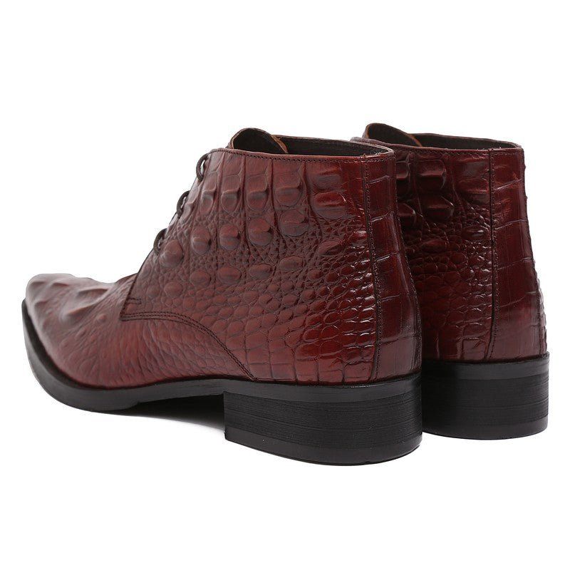 Botas Masculinas Couro Crocodilo Exótico Bico Fino Desert Ankle Boots - Vermelho