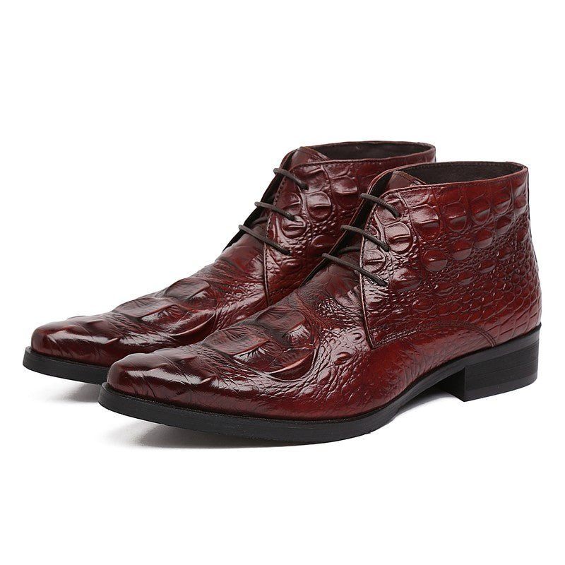 Botas Masculinas Couro Crocodilo Exótico Bico Fino Desert Ankle Boots - Vermelho