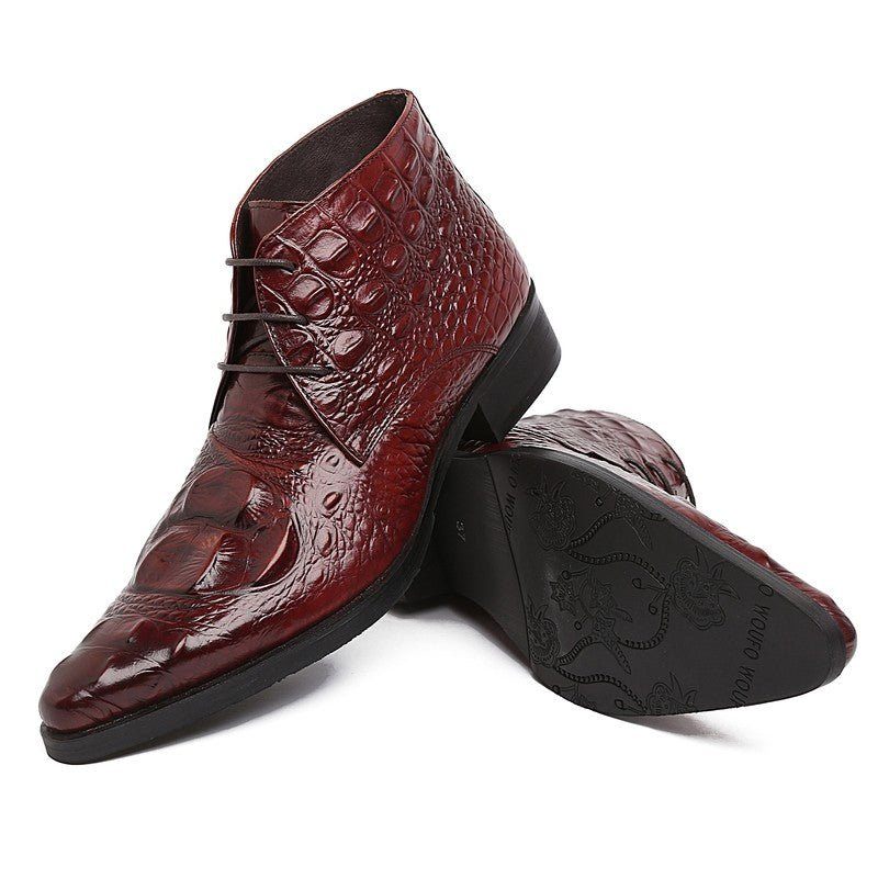 Botas Masculinas Couro Crocodilo Exótico Bico Fino Desert Ankle Boots - Vermelho