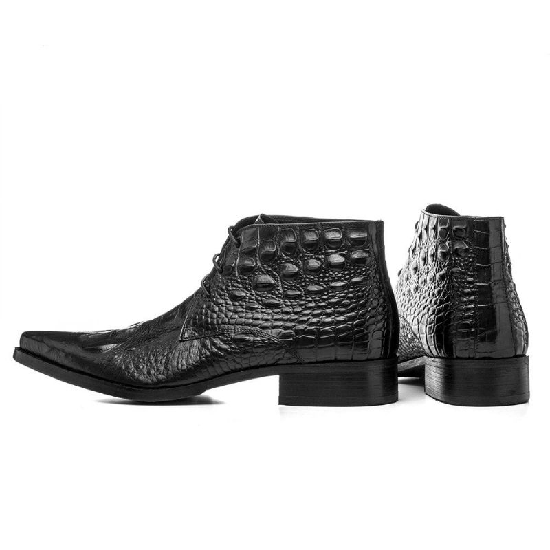 Botas Masculinas Couro Crocodilo Exótico Bico Fino Desert Ankle Boots - Preto