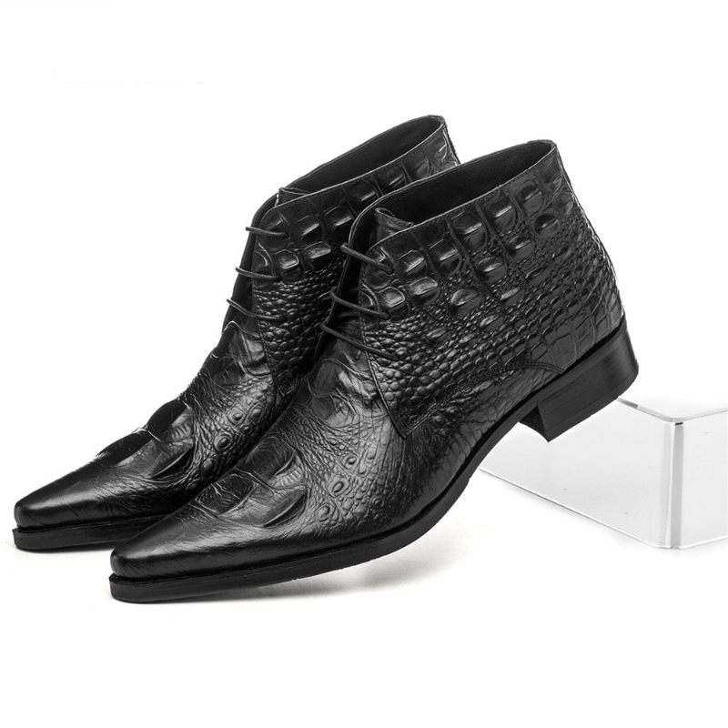 Botas Masculinas Couro Crocodilo Exótico Bico Fino Desert Ankle Boots - Preto