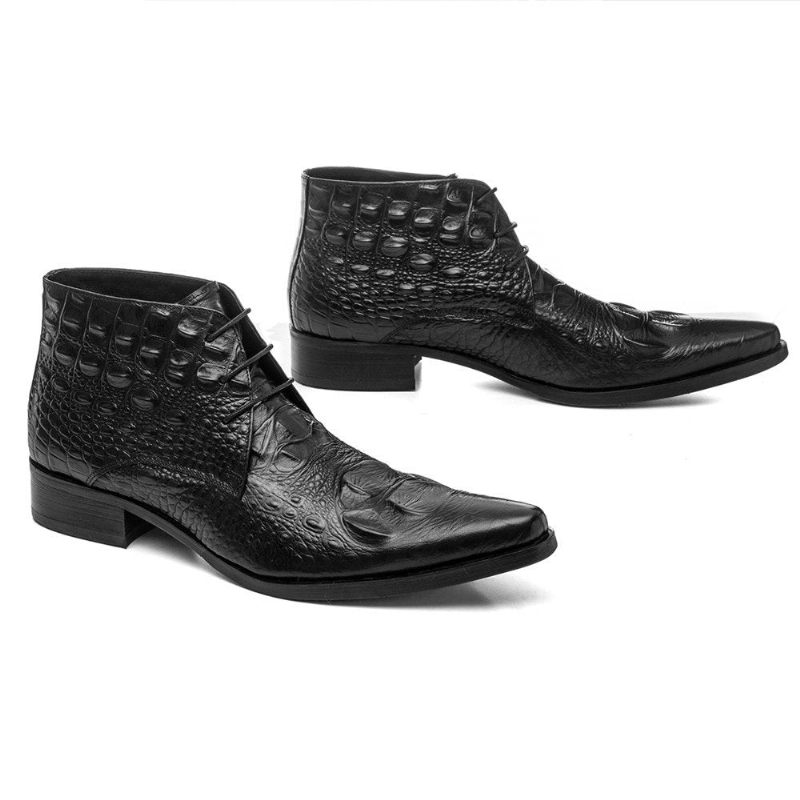 Botas Masculinas Couro Crocodilo Exótico Bico Fino Desert Ankle Boots - Preto