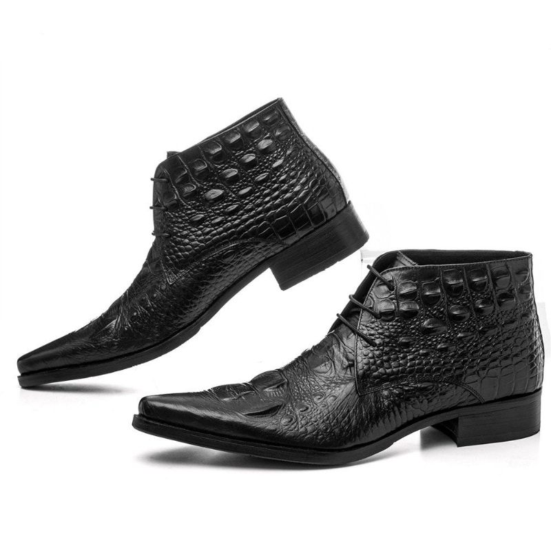 Botas Masculinas Couro Crocodilo Exótico Bico Fino Desert Ankle Boots - Preto