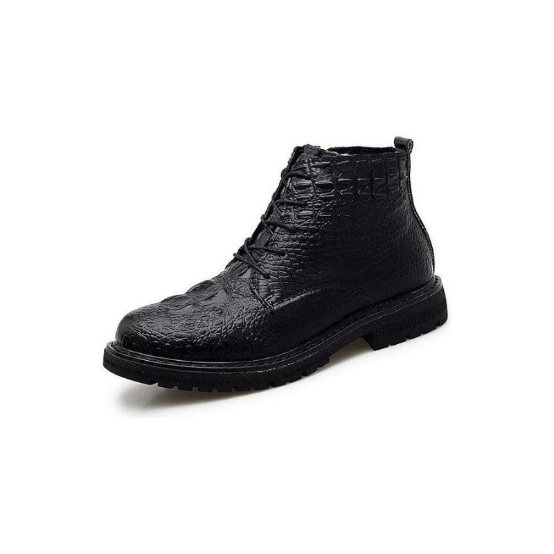 Botas Masculinas Couro Crocodilo Luxo Com Cadarço E Pele Pelúcia - Preto