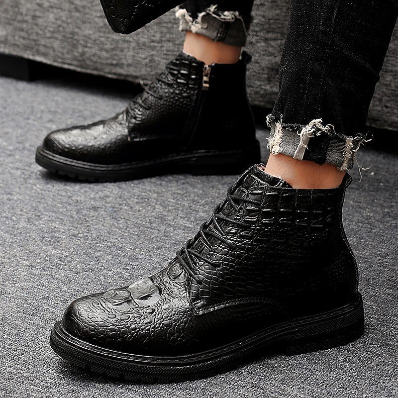 Botas Masculinas Couro Crocodilo Luxo Com Cadarço E Pele Pelúcia - Preto