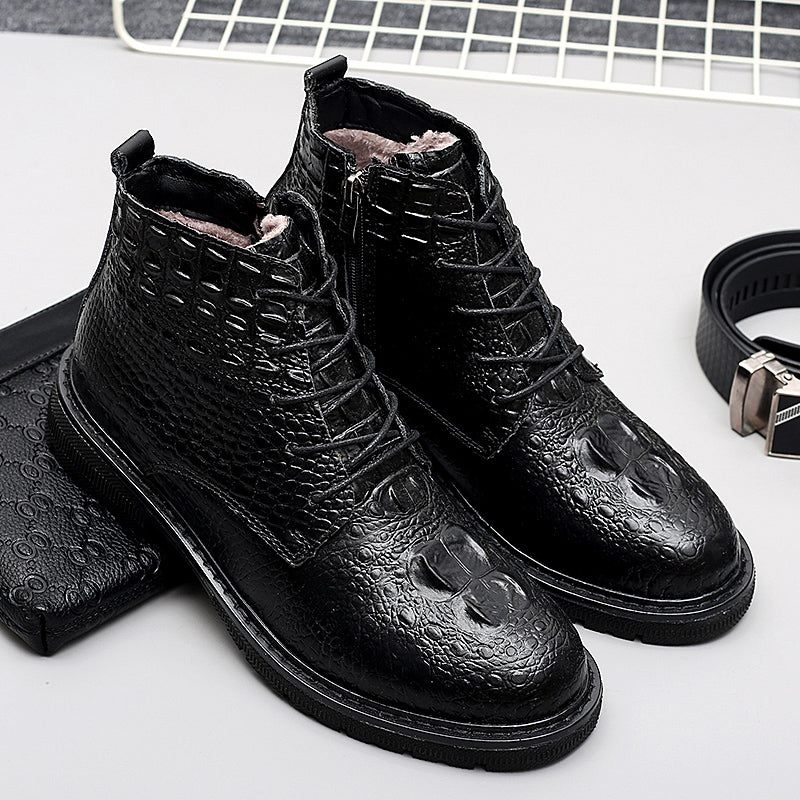 Botas Masculinas Couro Crocodilo Luxo Com Cadarço E Pele Pelúcia - Preto