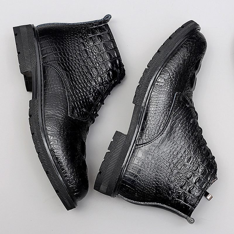 Botas Masculinas Couro Crocodilo Luxo Com Cadarço E Pele Pelúcia - Preto